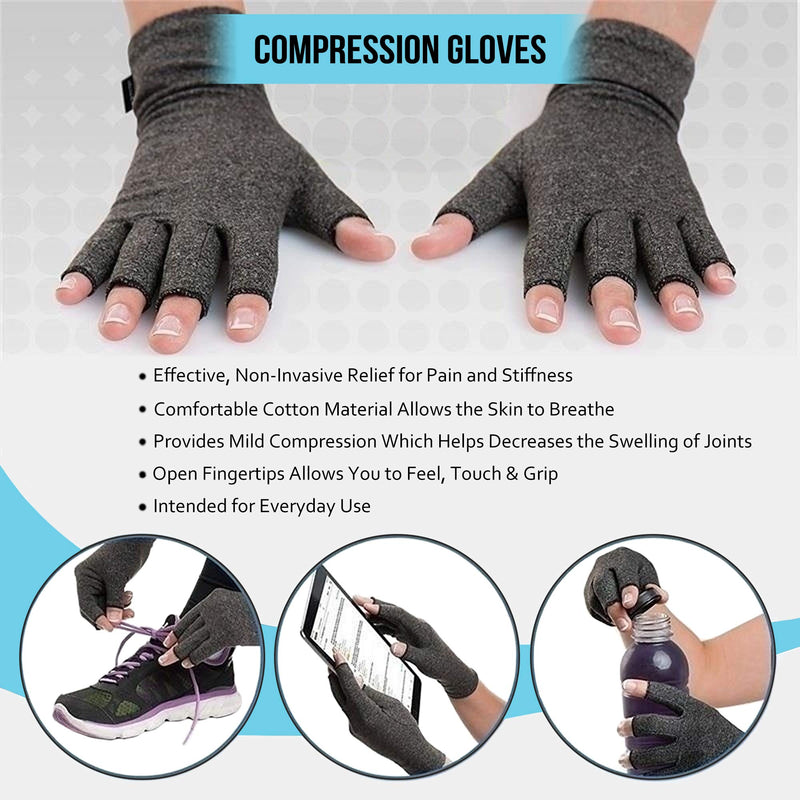 [Australia] - 1 Pair Compression Arthritis Gloves Fingerless Hand Wrist Support Joint Pain Relief for Men & Women Grey - (1 Dotted Pair Medium + 1 Massager Ball) & Mesh Bag M 