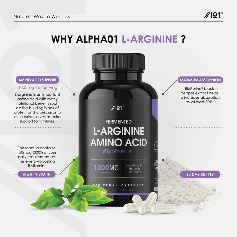 [Australia] - Fermented L-Arginine with BioPerine® & Biotin 1000mg - Potent Amino Acids - Non-GMO, Gluten Free, 120 Vegan Capsules 120 Count (Pack of 1) 