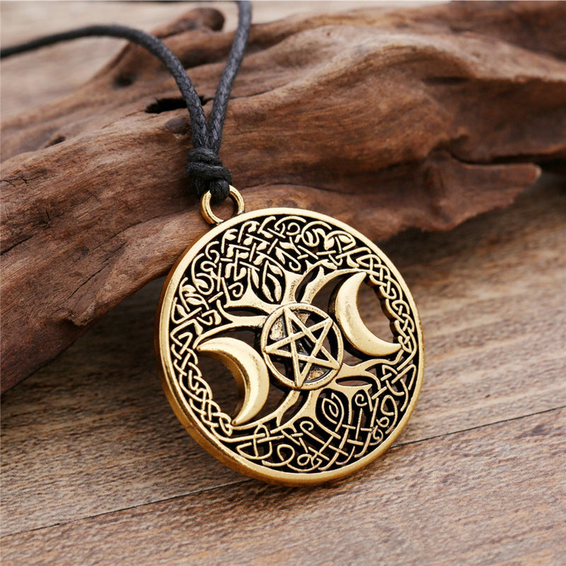 [Australia] - Ztuo Tree of Life Triple Moon Goddess Golden/Silver Necklace Celtic Knot Pentagram Pentacle Star Pendant Antique gold 