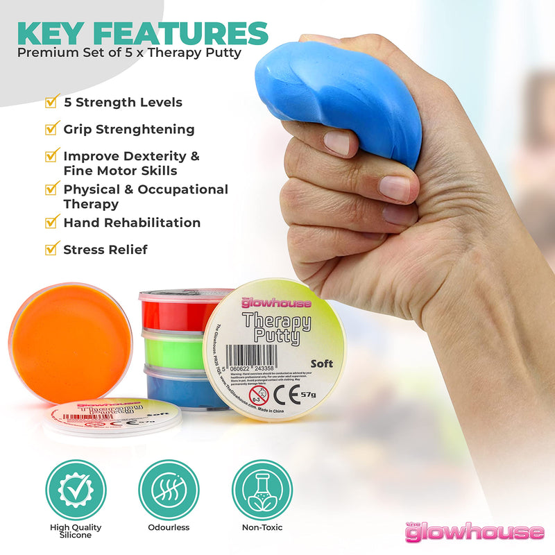 [Australia] - Premium Set of 5 x Therapy Putty Squeezable Non-Toxic, Hand Exercise, Anti-Stress - 5 Strengths for Adults & Children 57g Colour Coded Tubs 