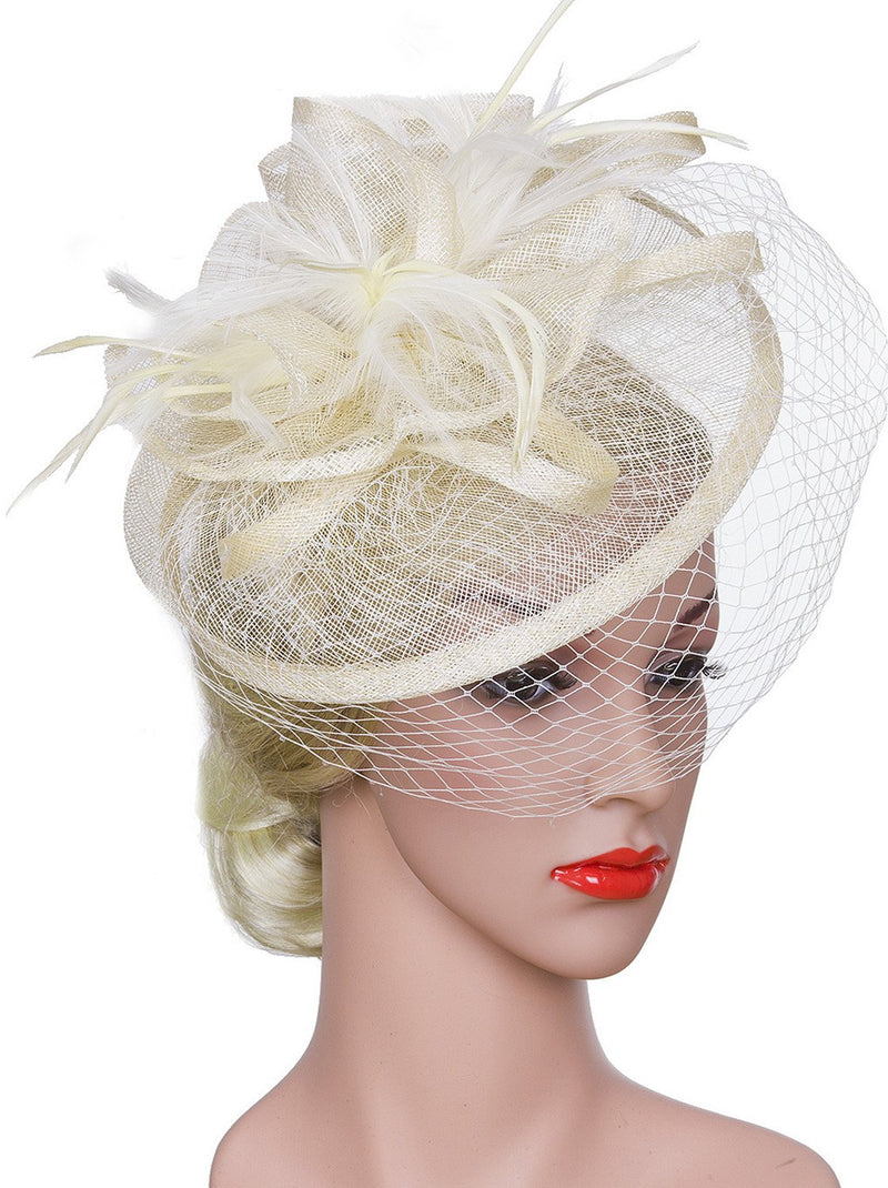 [Australia] - VIJIV Women Vintage Derby Fascinator Hat with Veil Pillbox Headband Feather Cocktail Tea Party One Size Beige 