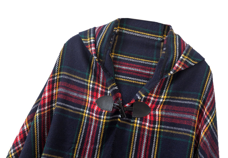 [Australia] - Women's Vintage Plaid Knitted Tassel Poncho Shawl Cape Button Cardigan One Size Series 2 Dark Blue 