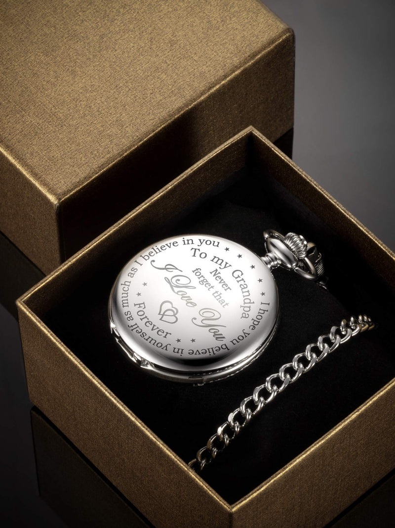 [Australia] - Hicarer Grandfather Pocket Watch for Father's Day Christmas Birthday, Personalized Gift for Grandfather- Never Forget That, I Love You Forever Silver 
