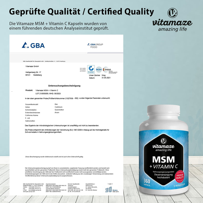 [Australia] - MSM Capsules with Vitamin C - 360 Capsules for 6 Months - 1334 mg Daily Dose of Organic Sulfur Powder, 99.9% Pure Methylsulfonylmethane - German Quality Supplement MSM and Vitamin C 