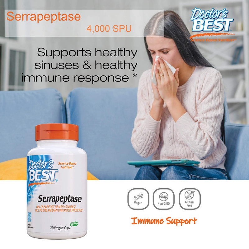 [Australia] - Doctor's Best Serrapeptase, Non-GMO, Gluten Free, Vegan, Supports Healthy Sinuses, 40,000 SPU, 270 Count (Pack of 1) 