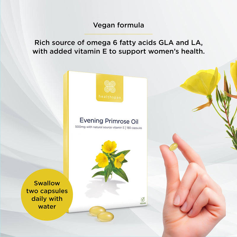 [Australia] - Healthspan Evening Primrose Oil 500mg (180 Capsules) | Omega 6 Fatty Acids | Women's Health | Added Vitamin E | Gamma Linolenic Acid & Linoleic Acid | Protects Cells from Oxidative Stress | Vegan 