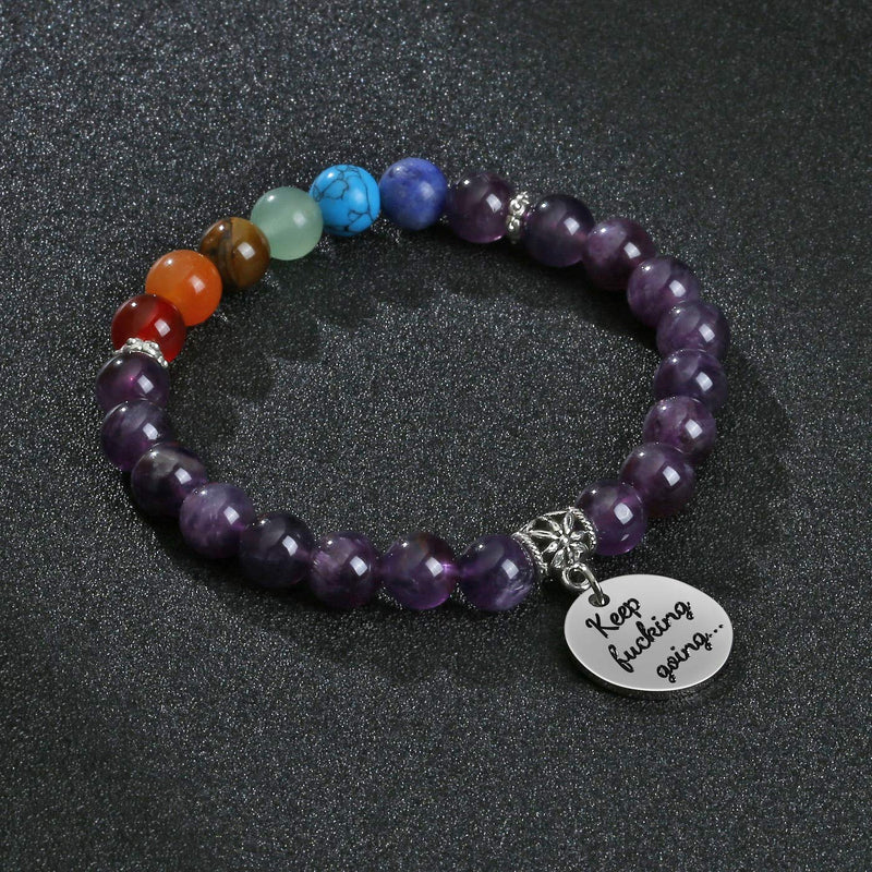 [Australia] - Top Plaza 7 Chakra Stone Bead Bracelets Yoga Reiki Healing Crystals Gemstone Beaded Bracelet Friendship Inspirational Message Charm Bracelet for Women Men Amethyst 