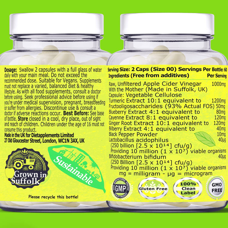 [Australia] - Raw, Unfiltered Apple Cider Vinegar with The Mother | Turmeric, Ginger, Black Pepper, Cayenne Pepper, Blueberries, Bilberries | High Strength Bio Cultures | Vegan, Vegetarian Potent Capsules. 1 Bottle 