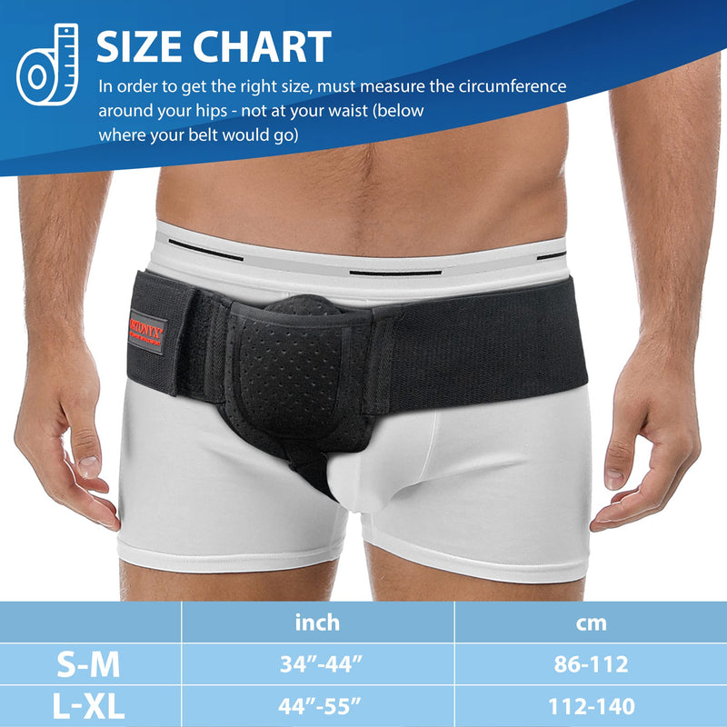 [Australia] - ORTONYX Inguinal Groin Hernia Belt for Men and Women with Removable Compression Pad and Adjustable Waist Strap, Hernia Support Truss for Inguinal, Incisional Hernias, Left / Right Side - Black S/M 