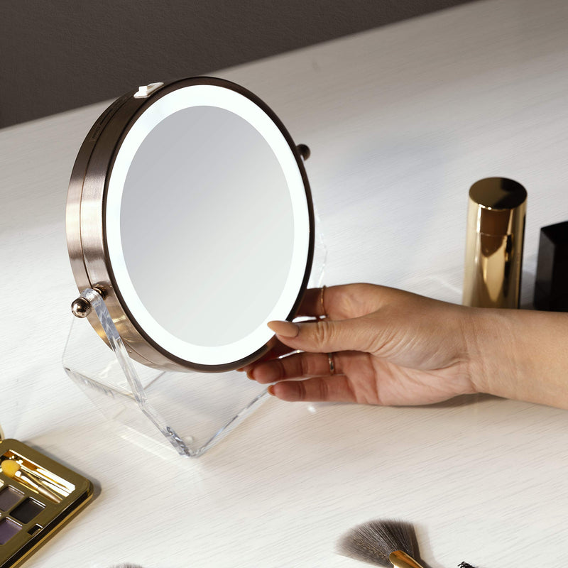 [Australia] - Zadro LED Lighted 8X/1X Magnification Two-Sided Swivel Acrylic Base Vanity Makeup Mirror for Bedroom, Bathroom and Tabletop in Rose Gold 