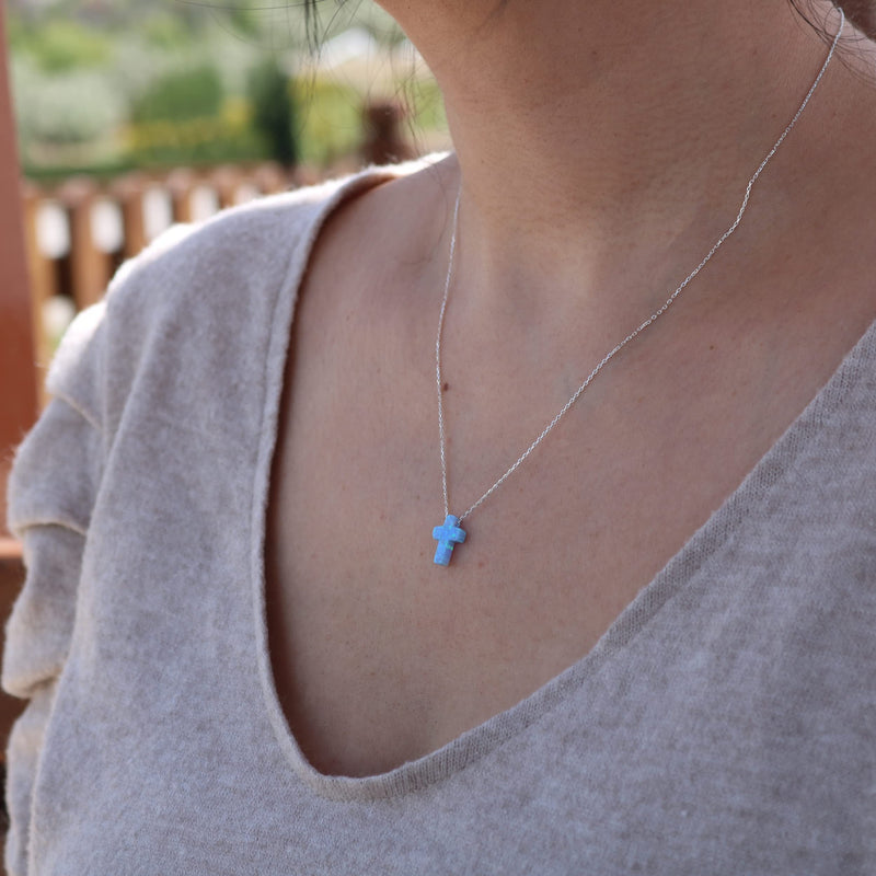 [Australia] - Women's Mini Blue Created Opal Cross Dainty Minimalist Pendant Necklace with 925 Sterling Silver Chain 16+2 inches Light Blue 