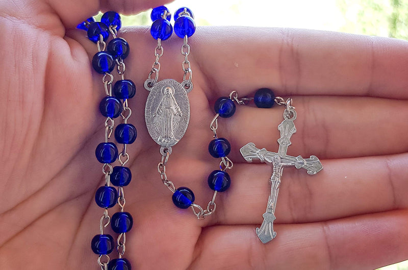 [Australia] - Nazareth Store Catholic Rosary Necklace Round Dark Blue Crystal Beads Miraculous Medal & Cross Handmade Long Chaplet 