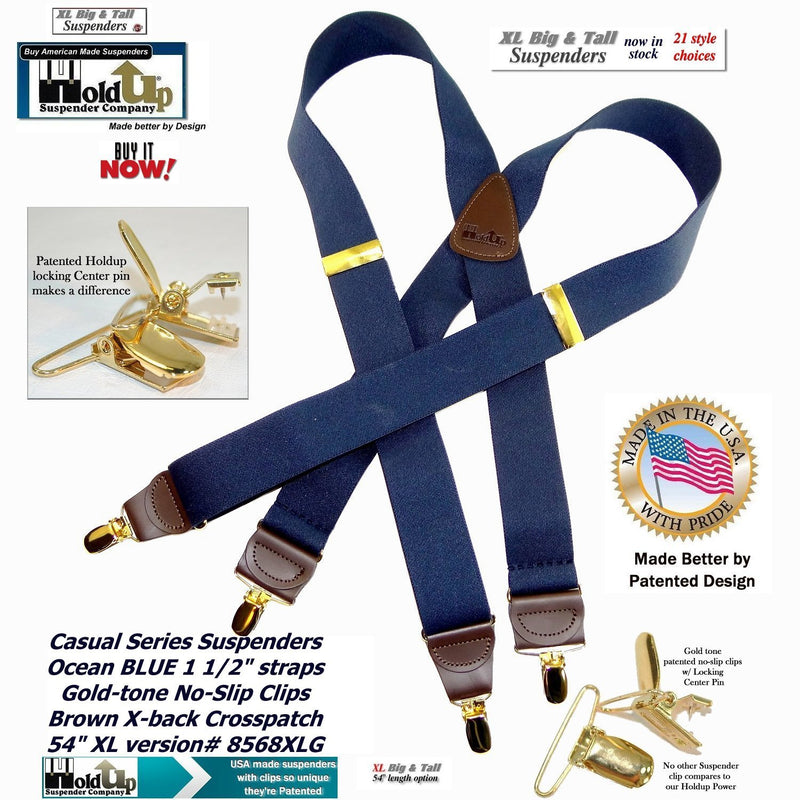 [Australia] - HoldUp Brand XL Dark Ocean Blue X-back suspenders for big and Tall men with gold tone no-slip patented clips 