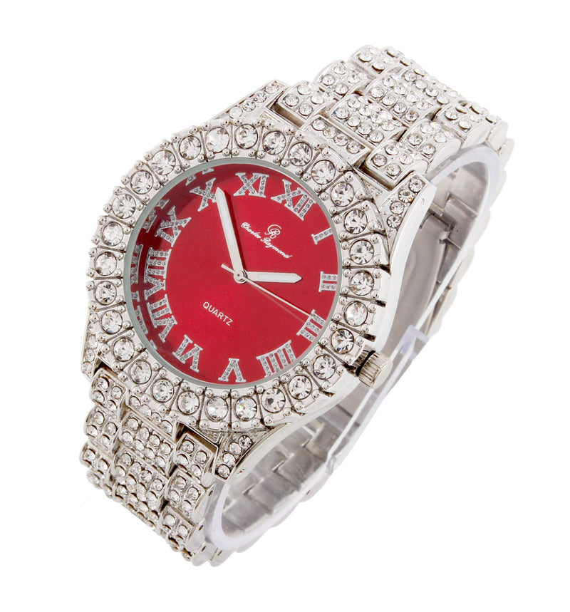 [Australia] - Mens Big Rocks with Roman Numerals Fully Iced Out Colorful Dial Watch - ST10327 RN Single Blood Red/Silver 