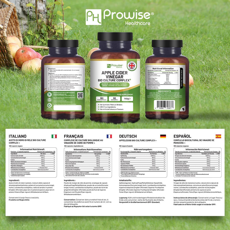 [Australia] - Apple Cider Vinegar with Bio Cultures Complex 1300mg - 180 Capsules I Made in UK by Prowise Healthcare 