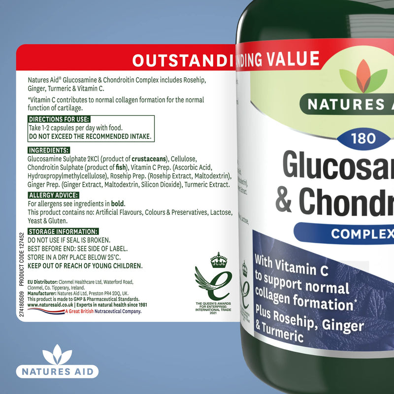 [Australia] - Natures Aid Glucosamine and Chondroitin Complex, with Vitamin C, Rosehip, Ginger and Turmeric, 180 Capsules 