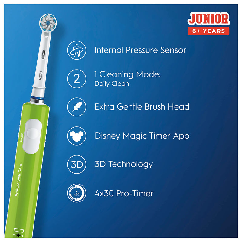 [Australia] - Oral-B Kids Electric Toothbrush, 1 Toothbrush Head, with Kid-Friendly Sensitive Mode, For Junior Kids Ages 6+, 2 Pin UK Plug, Green Oral-b Junior Green single 