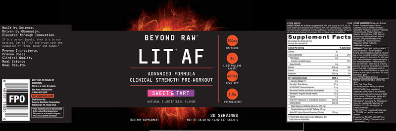 [Australia] - Beyond Raw LIT AF | Advanced Formula Clinical Strength Pre-Workout Powder | Contains Caffeine, L-Citruline, and Nitrosigine | Sweet & Tart | 20 Servings 