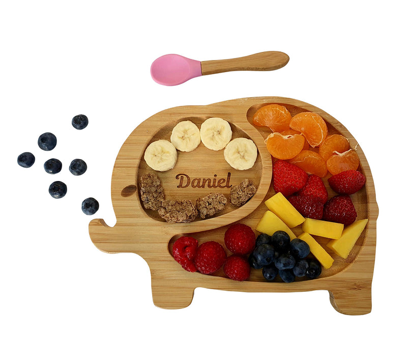 [Australia] - Personalised Elephant Baby Plate Bamboo, Bamboo Plates with Suction, Stay Put Plate, Baby Toddler Weaning Section Plate Spoon Set Green 