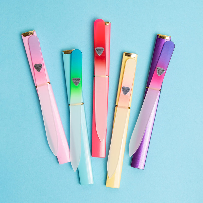 [Australia] - 5-Piece Glass Nail File Set with Hard Cases, Professional Manicure Glass Fingernail Files, Gently Shape Nails with Expert Precision & Enjoy a Smooth Finish - Bona Fide Beauty Premium Czech Glass Tealpurpleyellow 