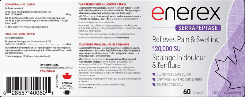 [Australia] - ENEREX - Serrapeptase 120,000 SU - Pain & Inflammation Enzyme, 60 capsules 