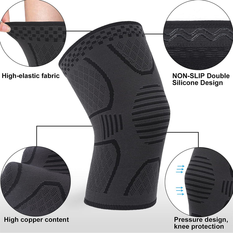[Australia] - 2 Pack Copper Knee Brace Knee Compression Sleeve Support for Men Women Knee Pain Working Out Running Sport Arthritis Black Medium 