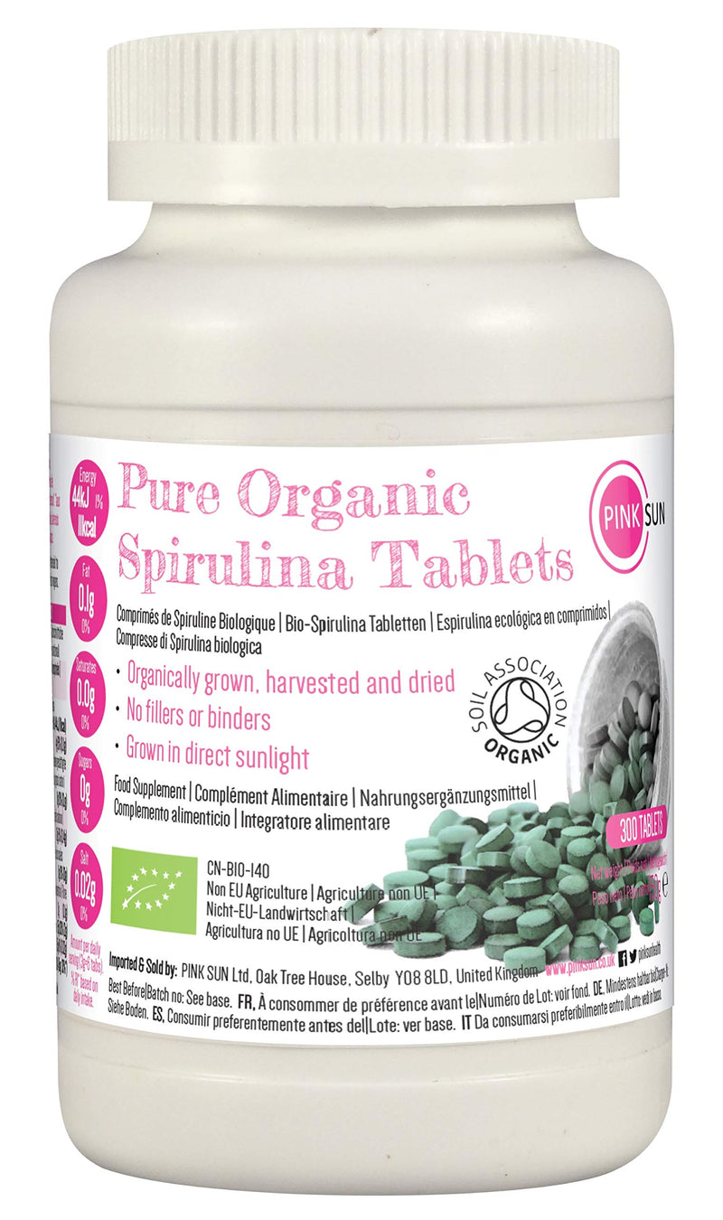 [Australia] - PINK SUN Organic Spirulina Tablets 300 x 500mg Tabs Gluten Free Non GMO Suitable for Vegetarians and Vegans Certified Organic by The Soil Association 150g 1 