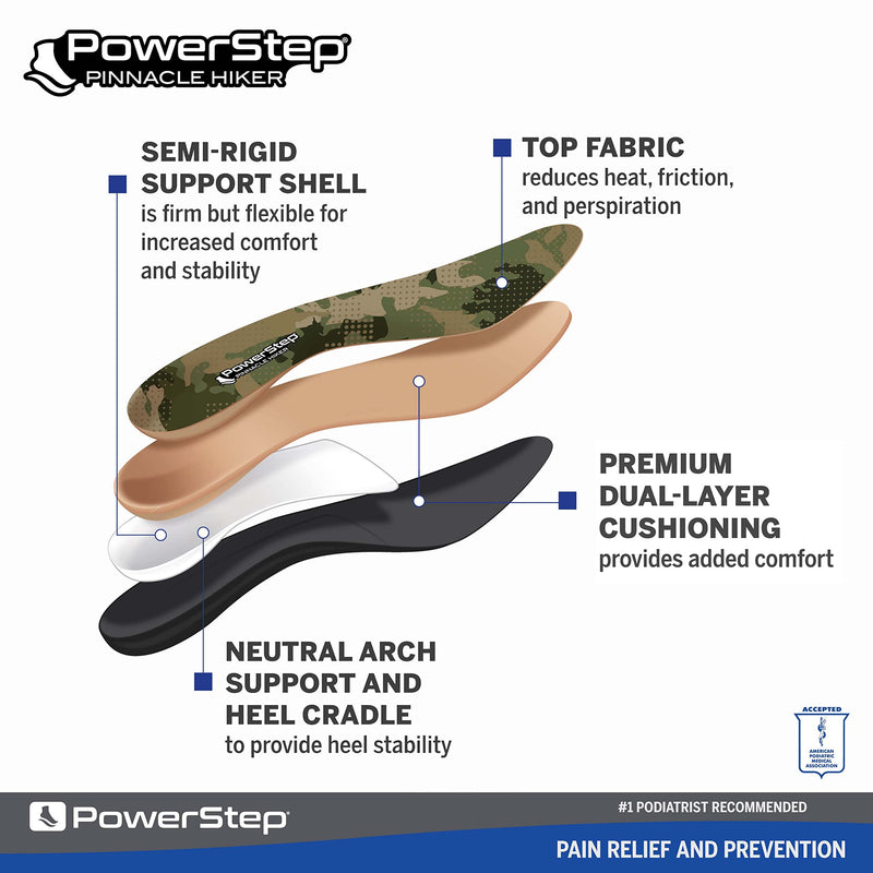 [Australia] - Powerstep Insoles, Pinnacle Hiker, Arch Support Hiking Boot Insole, Maximum Arch Support Orthotic For Women and Men Camo Men's 10-10.5 / Women's 12 