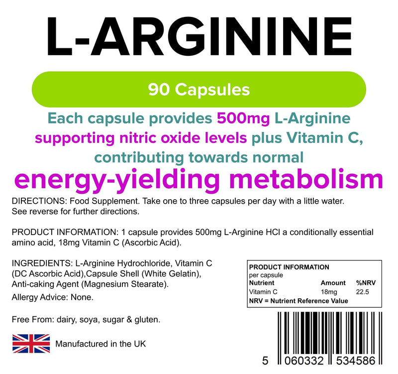 [Australia] - Lindens L-Arginine 500mg Capsules - 90 Pack - an Amino Acid Supplement in an Easy to Swallow, Rapid Release Capsule - UK Manufacturer, Letterbox Friendly 