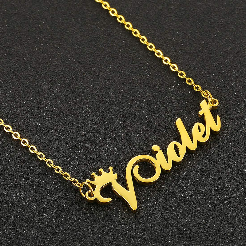 [Australia] - Personalized Name Crown Necklace,Customized Script Initial Women Girl Nameplate Charm Crown Necklace Stainless Steel Pendant Necklace Chain Jewelry Gift for Boy Violet-Silver 