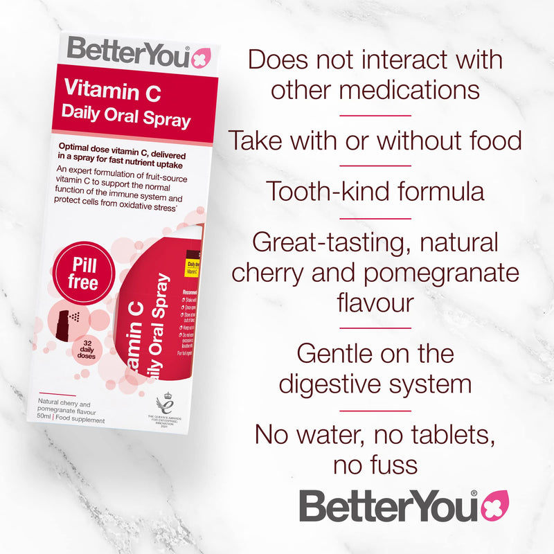 [Australia] - BetterYou Vitamin C Daily Oral Spray | Selenium, Vitamin B2 and Green Tea Extract | 100mg per daily serving | Natural Cherry and Pomegranate Flavour | 25ml 