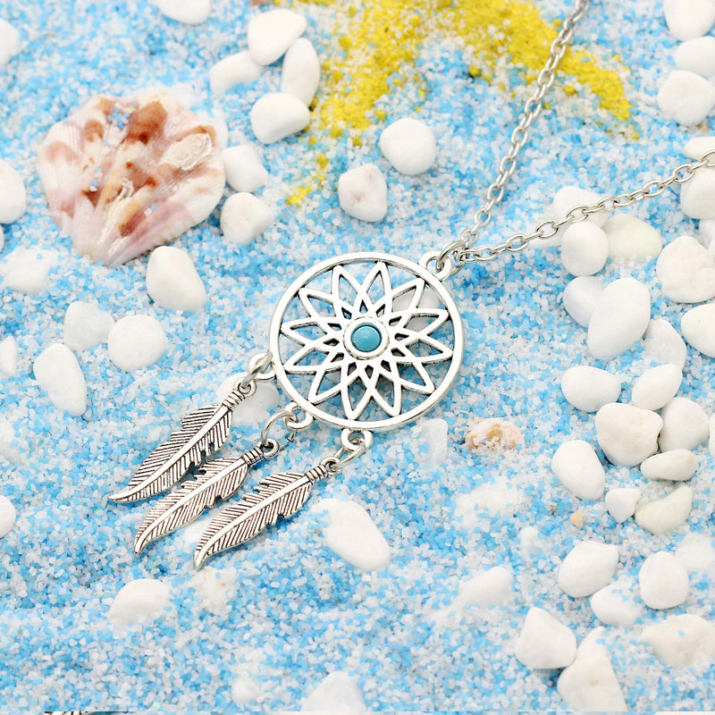 [Australia] - lauhonmin 3pcs Women Retro Silver Turquoise Feather Dream Catcher Pendant Necklace Earrings Set Family Friend Gift 