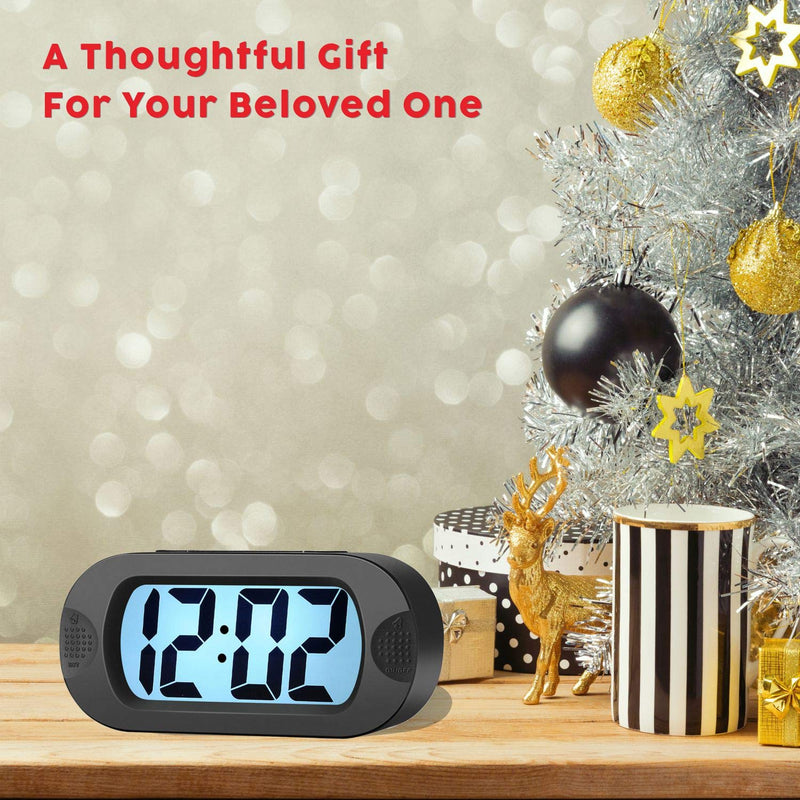 [Australia] - Digital Alarm Clock - Plumeet Travel Clock with Snooze and Nightlight - Easy to Set Simple Bedside Alarm Clocks for Kids - Ascending Sound - Battery Powered (Black) Black 