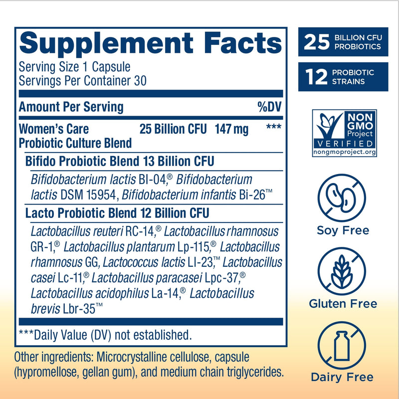 [Australia] - Renew Life Women's Probiotics 25 Billion CFU Guaranteed, 12 Strains, Shelf Stable, Gluten Dairy & Soy Free, 30 Capsules, Ultimate Flora Women's Care Beige 30 Count (Pack of 1) 