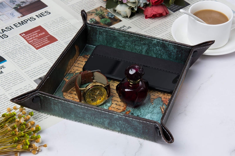 [Australia] - MJFloria Valet Tray Leather Valet Ring Catchall Jewelry Organizer Dice Box Small Travel Accessories Storage Tray for Bedside or Entry Way for Men or Women for Travel, Home or Office Map 