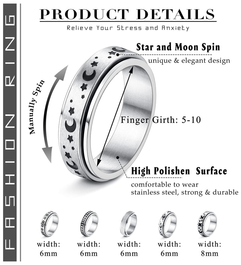 [Australia] - Magitaco 5Pcs Spinner Rings Stainless Steel Fidget Rings Flower Moon Star Butterfly Anxiety Rings for Women Men 6 