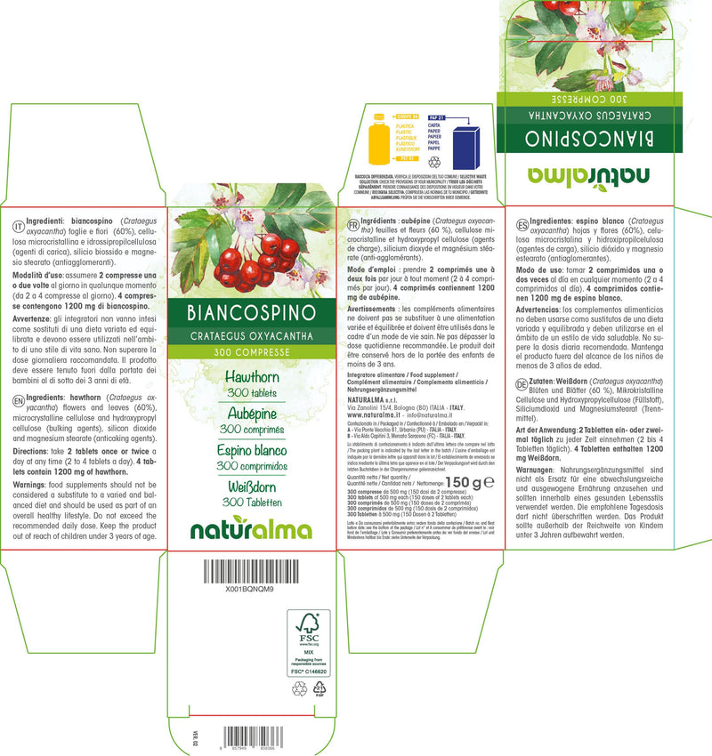 [Australia] - Hawthorn (Crataegus oxyacantha) Flowers and Leaves NATURALMA | 150 g | 300 Tablets of 500 mg | Food Supplement | Natural and Vegan 