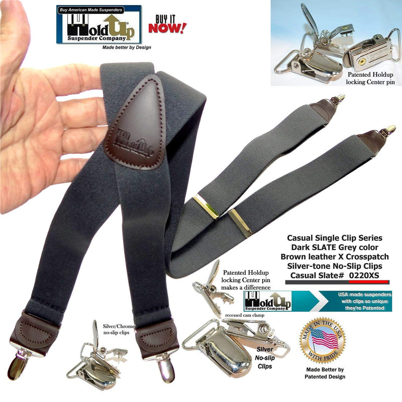 [Australia] - USA Made Slate Gray HoldUp brand X-back Suspenders with No-slip Silver-tone Clips 