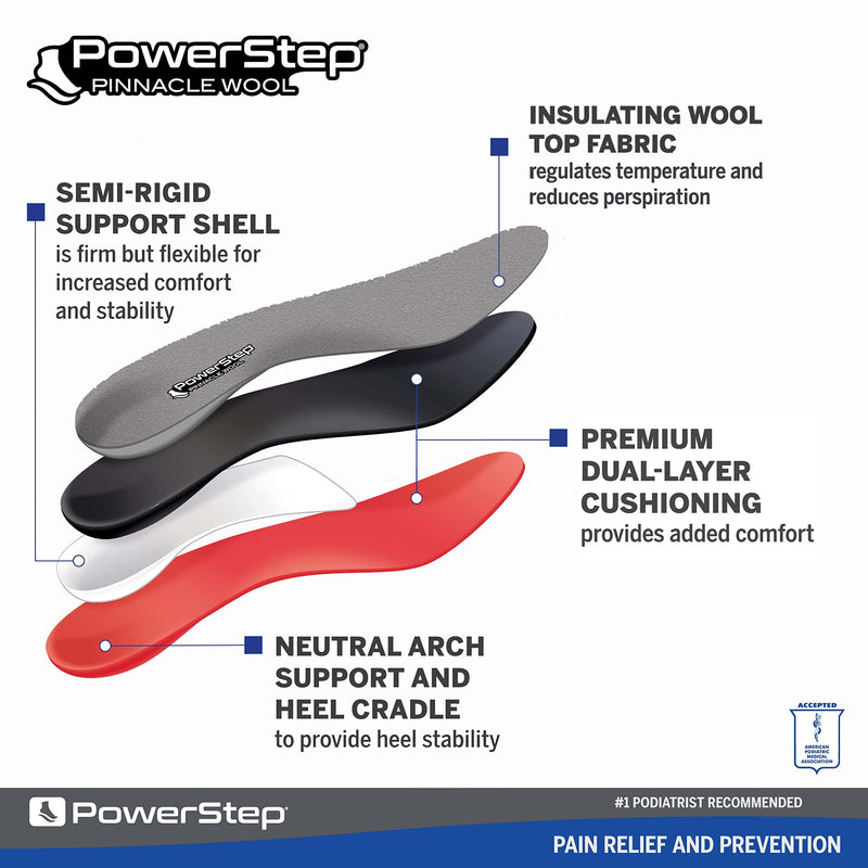 [Australia] - Powerstep Insoles, Pinnacle Wool, Arch Support Outdoor Wool Insole, Warm Arch Support Orthotic For Women and Men Men's 4-4.5 / Women's 6-6.5 Gray/Red 