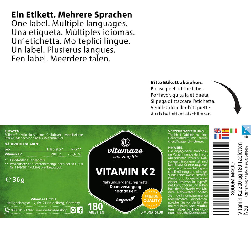 [Australia] - Vitamaze® Vitamin K2 MK-7 200 mcg Vegan & High Strength Menaquinone, 180 Tablets for 6 Months, German Quality, Natural & Organic Supplement Without Additives 