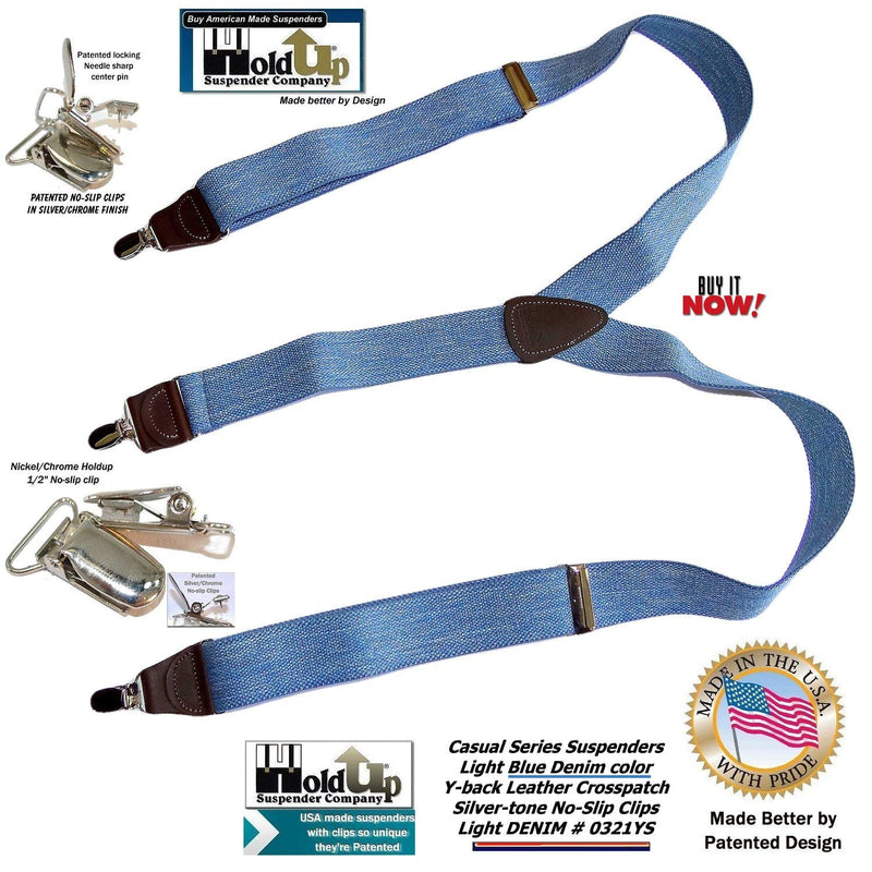 [Australia] - Holdup brand USA made Light Blue Denim Y-back Suspenders with Silver-tone No-slip Clips 