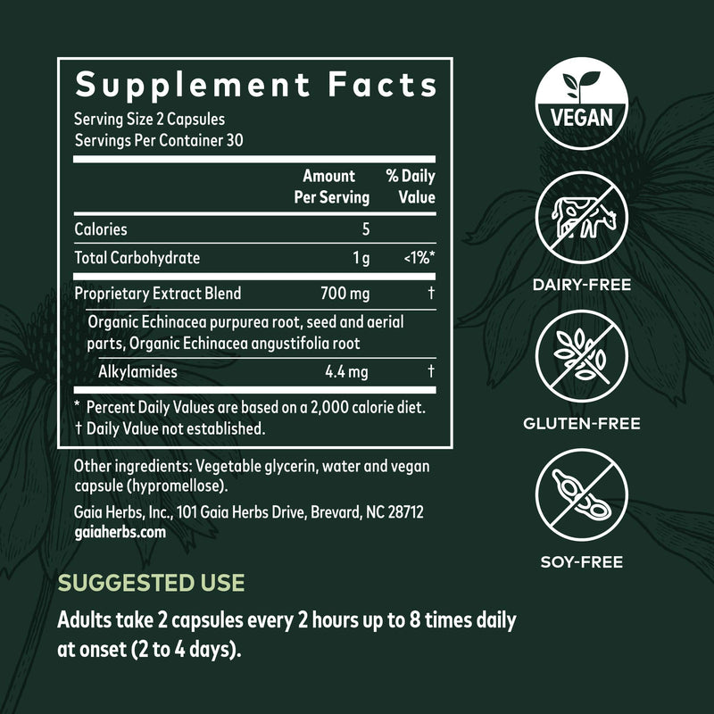 [Australia] - Gaia Herbs Echinacea Supreme - Immune Support Supplement - Echinacea Purpurea and Echinacea Angustifolia Blend to Support Immune System - 30 Vegan Liquid Phyto-Capsules (2-Day Supply) Standard Packaging 