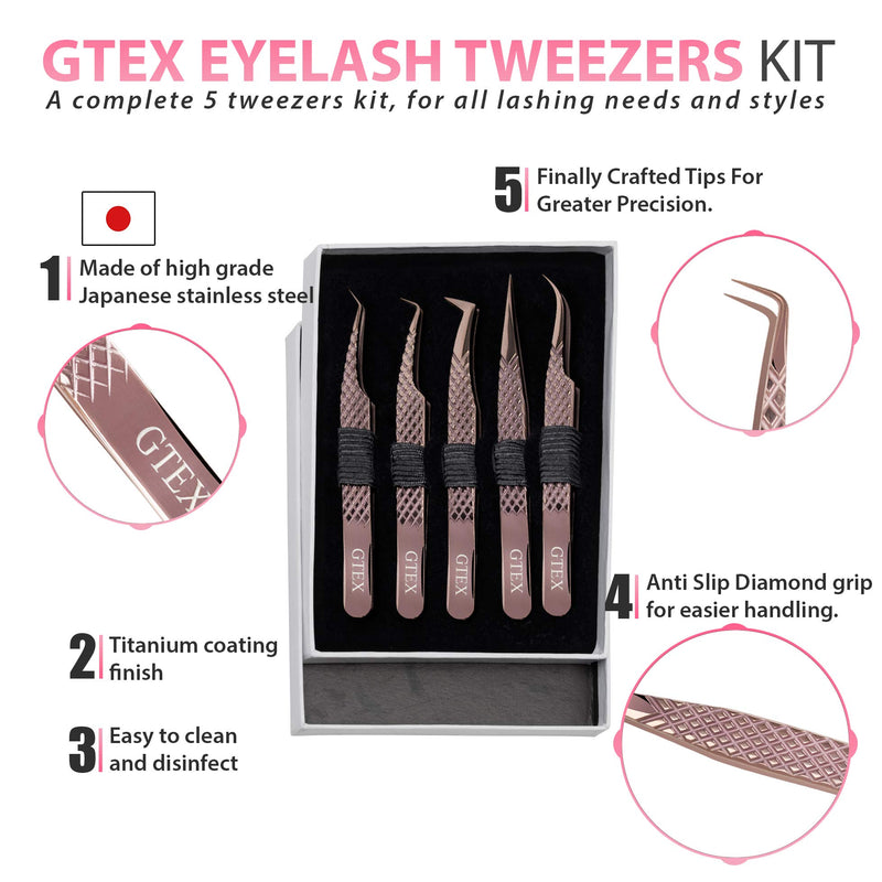 [Australia] - GTEX Lash Eyelash Extension Tweezers Set of 5, Japanese Stainless Steel Tools Straight Curved 45 90 Degree Angled Tip, Volume Tweezers Precision Rose Gold 