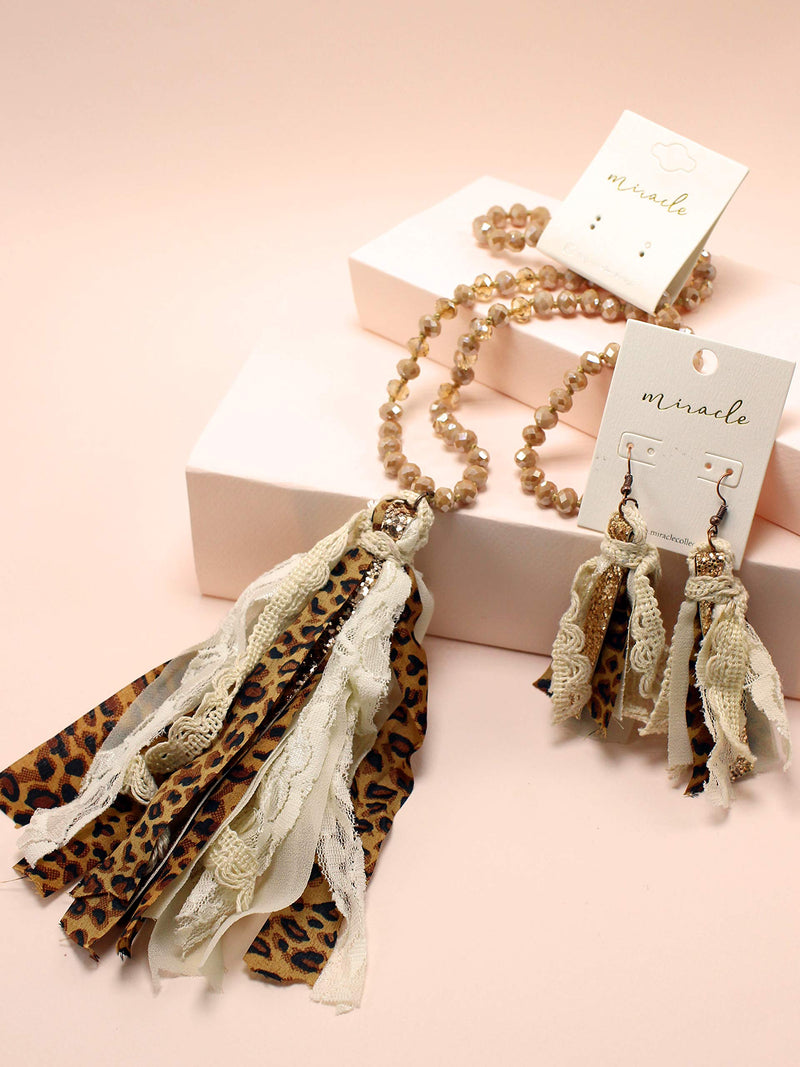 [Australia] - Miracle Collection Boho Handmade Knotted Glass with Leopard Fringe Statement Tassel Vintage Long Necklace NATURAL 