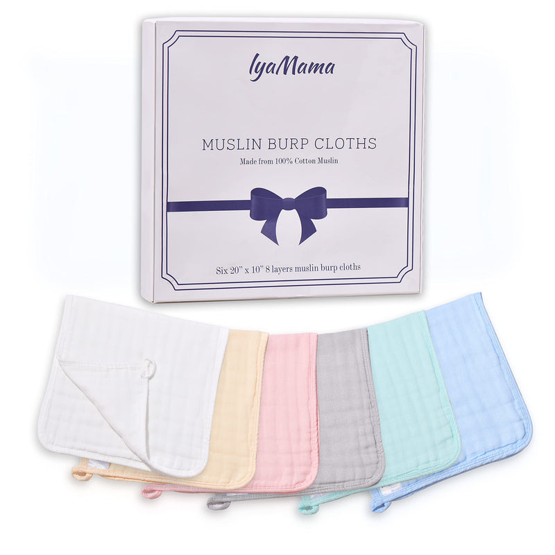 [Australia] - IyaMama Muslin Cloths for Baby - 6 Pack Large 8 Layers 100% Cotton Muslin Squares/ Burp Cloths/ Baby Wash Cloth - Multicolour and Unisex - Super Soft and Absorbent - Newborn Essentials 