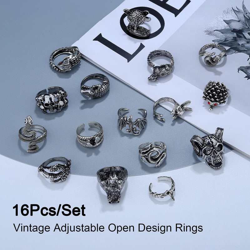 [Australia] - ORAZIO 16Pcs Gothic Open Rings Set for Men Women Punk Adjustable Snake Dragon Claw Animal Rings Vintage Goth Skull Rings Indie Aesthetic 16PCS Rings 