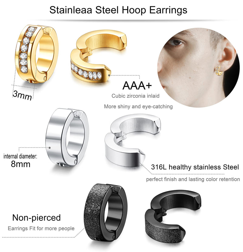 [Australia] - FIBO STEEL 9 Pairs Non-Piercing Earrings Stainless Steel Clip On Hoop Earrings For Men Women Paved CZ Ear Clip 