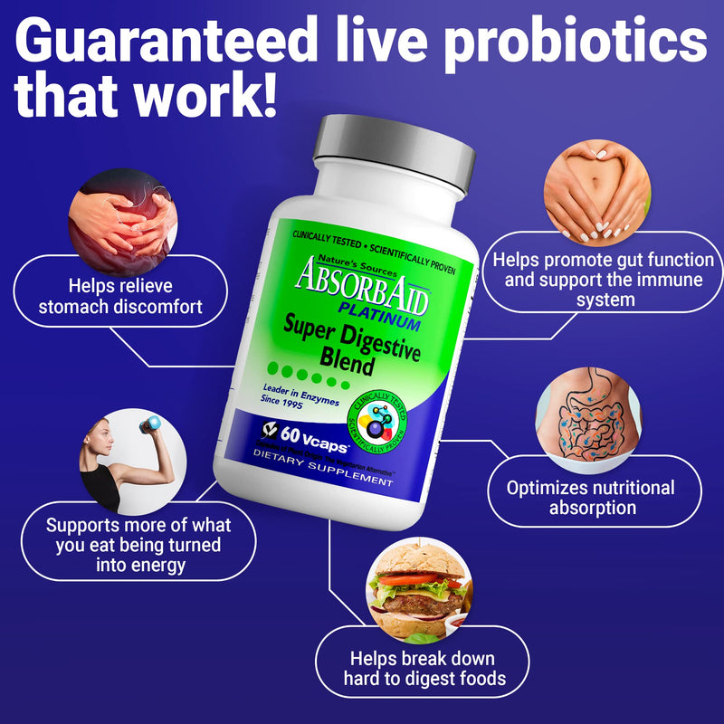 [Australia] - AbsorbAid Platinum Digestive Enzyme Support 60 vCaps, 12 Digestive Enzymes Plus 2 Probiotics for Maximum Relief! 