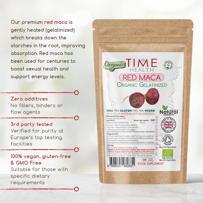 [Australia] - Maca - Organic: Red Maca Root 2000mg Capsules Gelatinized Certified Organic - UK Manufactured - Pullulan (120 Capsule Pouch) 120 Count (Pack of 1) 
