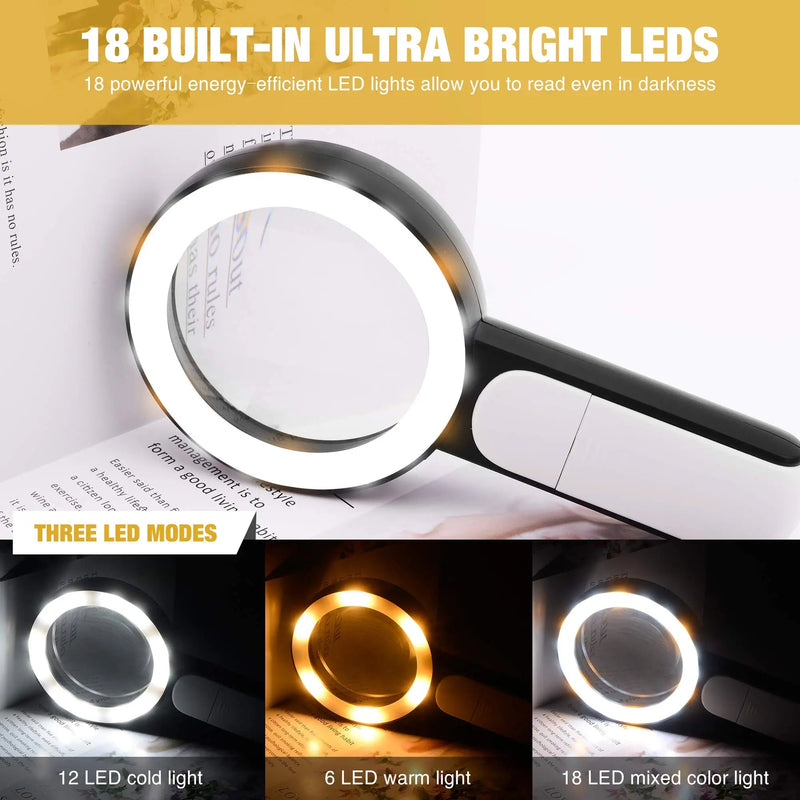[Australia] - JMH Magnifying Glass with Light, 30X Handheld Large Magnifying Glass 18LED Cold and Warm Light with 3 Modes, Illuminated Lighted Magnifier for Seniors Reading, Inspection, Coins, Jewelry, Exploring Black 